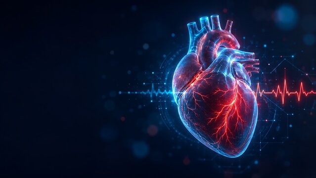 Futuristic digital human heart illustration with glowing holographic ECG wave for cardiology and medical technology concepts