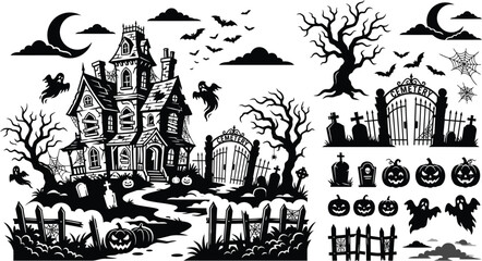 Naklejka premium Halloween haunted house vector illustration with spooky castle and full moon background