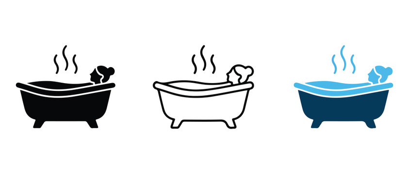 relaxing bath time with steam rising from different colored tubs and a person soaking