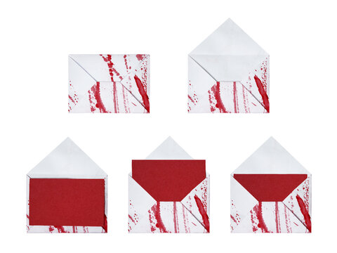Smeared bloody envelope with a dark red blank card for intense slasher movie themes on a transparent background