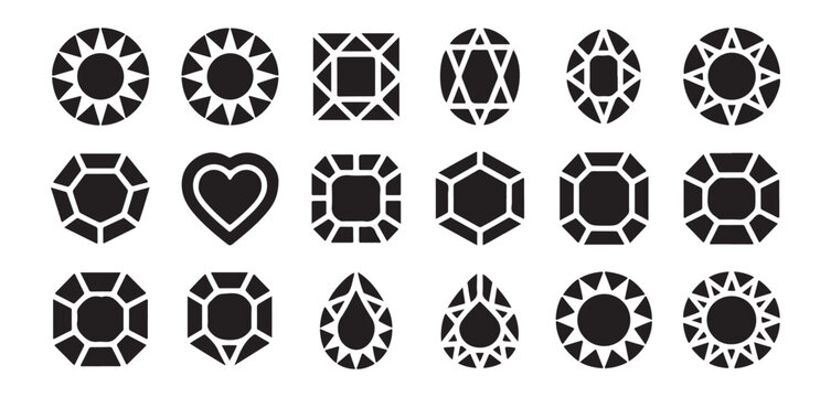 Diverse collection of twenty unique faceted gemstone icons in silhouette for jewelry and luxury design elements.