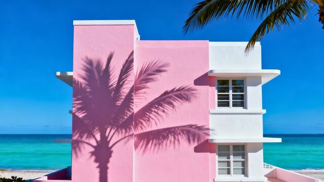 A vivid pastel-pink Art Deco beach house with crisp white lines, harsh tropical sun casting hard-edged palm frond shadows, electric turquoise ocean and cobalt sky.