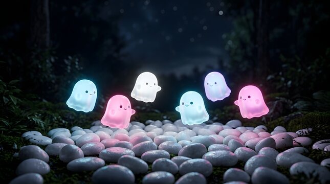 Cute glowing cartoon ghosts floating over white river stones in dark forest night.