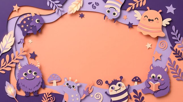 Purple and orange paper cut whimsical monster border on a warm peach background for children's events.