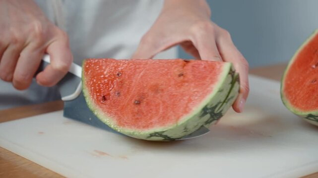 Slicing Watermelon into Wedges with Kitchen Knife