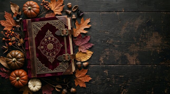 Vintage spell book surrounded by autumn leaves and pumpkins on a dark wooden background.