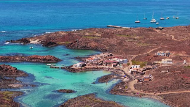 Areal views of Lobos Island, a small, uninhabited volcanic nature reserve with crescent-shaped white sand beach with crystal-clear turquoise waters located in Fuerteventura, Canary Islands, Spain.
