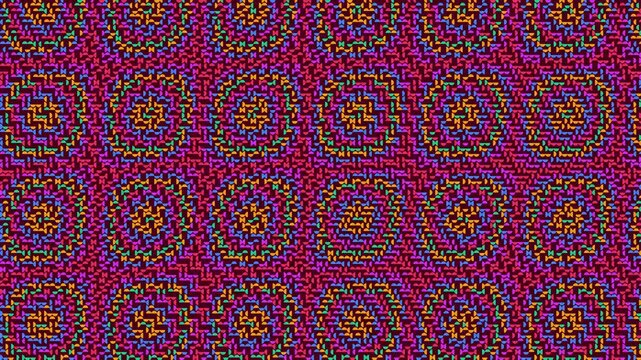 Vibrant neon geometric circular pattern featuring colorful interwoven shapes on a deep magenta fabric texture surface