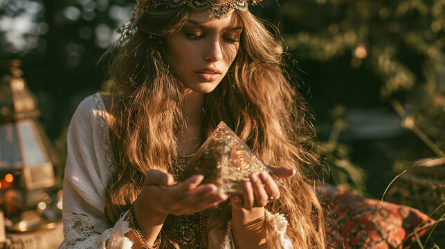 Frau mit lockigem Haar und Strohhut h&auml;lt Glaspyramide in warmem Sonnenlicht, boho Stil f&uuml;r Lifestyle und Esoterik-Kampagnen.