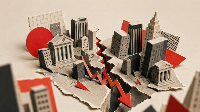 Miniature paper city of banks and office towers split by a widening crack, plunging arrow running through it. Banking crisis, financial contagion, recession and property collapse in collage