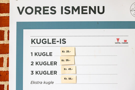 Mogeltonder, Denmark  An ice cream store menu in Danish and the price per scoop of ice cream.
