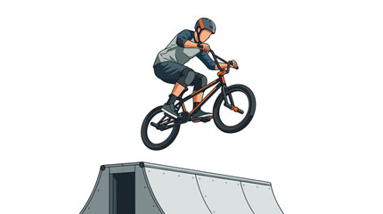 Naklejka premium BMX rider performing stunt jump on halfpipe ramp - action illustration