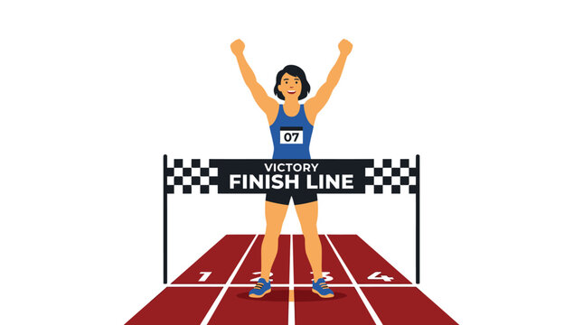 Female runner crossing finish line, victory, celebration, winning race, sport achievement