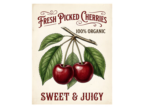 Vintage style poster with fresh picked cherries isolated on transparent background