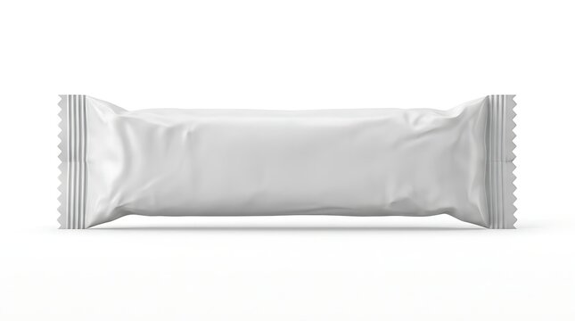 Blank white snack bar packaging wrapper isolated on a solid white background for design branding mockup.