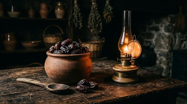 Antique lantern with pot and spoon on rustic table