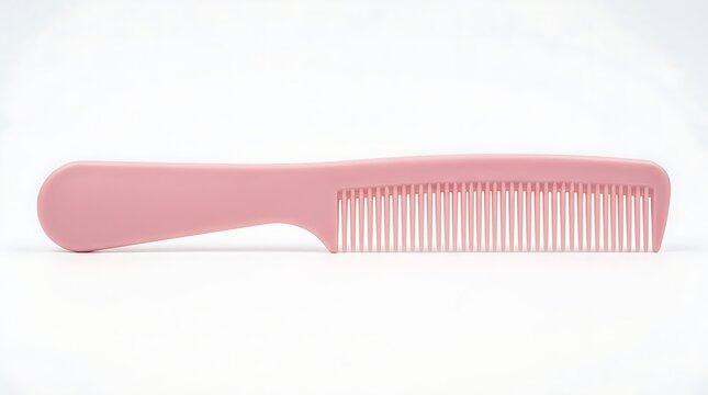 Minimalist pink plastic hair styling comb with hanging hole isolated on seamless white background surface.