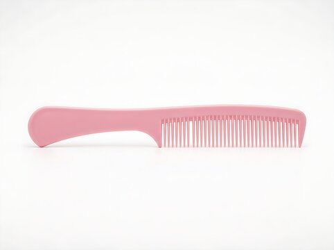 Pastel pink plastic comb for hair grooming lying horizontally isolated on a bright white background.