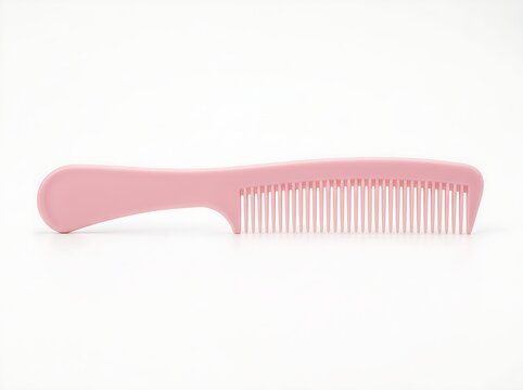 Smooth pastel pink hair comb with ergonomic handle lying flat on pure white background studio setup.