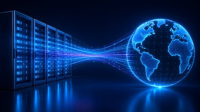 Global data center servers connecting to digital earth representing worldwide cloud computing and internet communication technology
