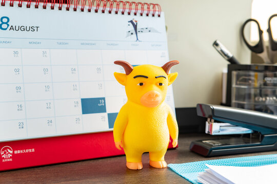 ZhongShan GuangDong China-August 28, 2026: Yellow Niu Lai figurine placed on office desk with spiral August calendar and stationery.
