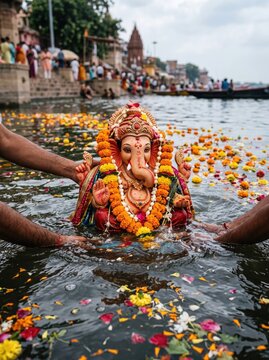 Hands Holding Lord Ganesha Statue for Visarjan Immersion in Water with Floating Flowers