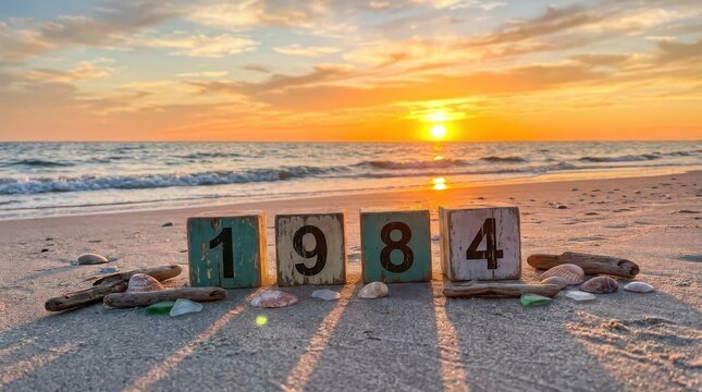 Wooden blocks showing the year 1984 on sandy beach