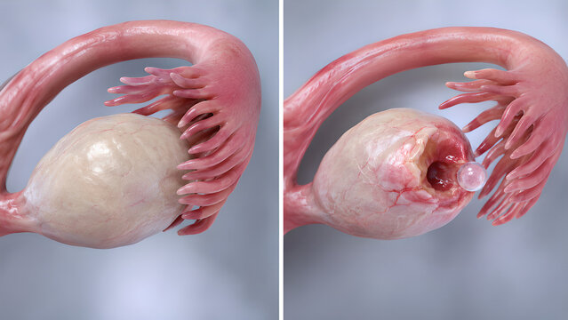 Ovary ovulation comparison medical illustration showing normal ovarian anatomy versus follicle rupture and egg release, realistic 3D reproductive health concept for education and patient care