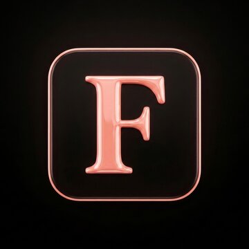 Pink letter F, glossy rose alphabet monogram, black background square frame. Serif capital initial emblem, metallic shine decor. Pink letter F elegant style
