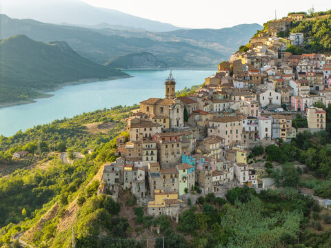 Stunning aerial view of Colledimezzo, Abruzzo, during a warm sunset, Italy