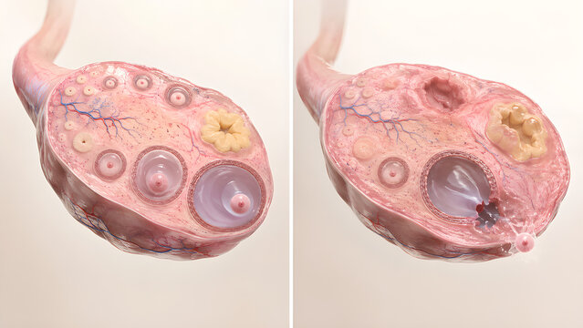 Ovary ovulation comparison medical illustration showing normal ovarian anatomy versus follicle rupture and egg release, realistic 3D reproductive health concept for education and patient care