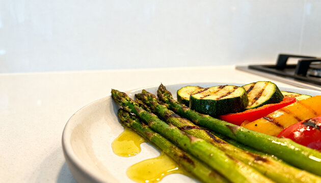 a fresh vegetable platter containing grilled asparagus, zucchini, and bell peppers, drizzled with olive oil, placed on a white ceramic plate