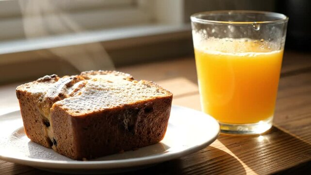 Morning breakfast scene with a steaming slice of cake on a white plate next to a glass of fresh orange juice.