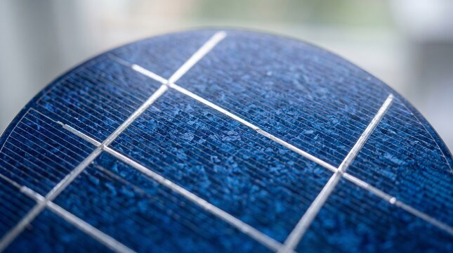 Macro close-up of blue polycrystalline silicon solar cell texture for renewable energy technology