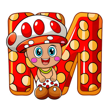 Cute mushroom character with letter m isolated on transparent background funny animal emoji