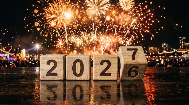 New year 2027 celebration with wooden blocks and fireworks