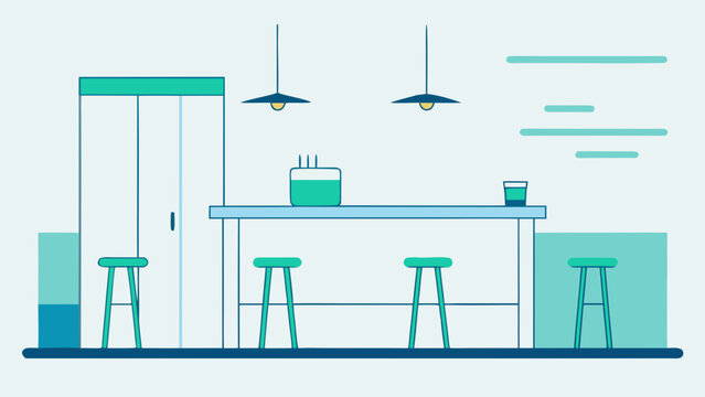 Minimalist kitchen interior with turquoise cabinets and wooden bar stools features hanging pendant lights for modern home dining decor.