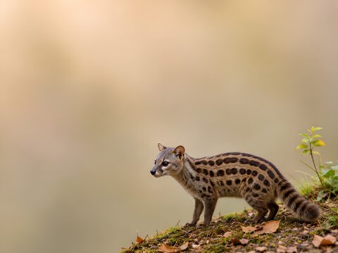 Wild Animal Background &ndash; Fanaloka. Fanaloka standing on a small rainforest floor area, showing its brown coat, distinctive dark markings, pointed muzzle and bushy tail.