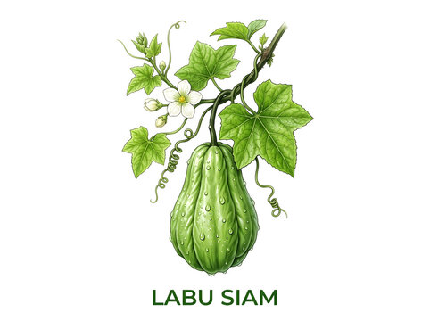Botanical illustration of a chayote plant with fruit, leaves, and flowers isolated on transparent background