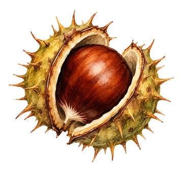 Detailed watercolor of a chestnut in its prickly husk on white background.