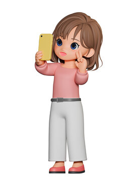 3D CG｜スマホで自撮りする若い日本人女性