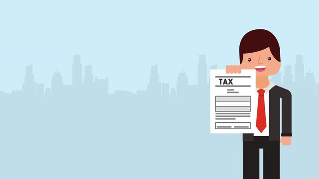 Animated businessman holding tax document, dynamic financial concept with cityscape background, motion graphic footage.
