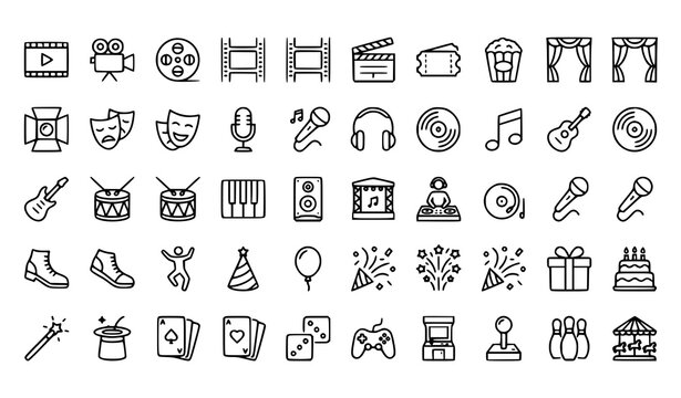 Movies music party and performing arts thin line stroke icon collection for entertainment and events