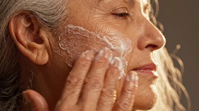 Senior woman applying rejuvenating moisturizing cream on face close up portrait skin care routine for mature complexion healthy glowing skin morning beauty health wellness