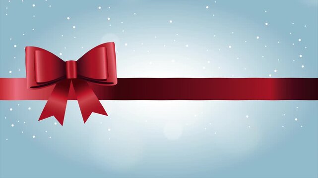 Red gift ribbon with bow appears on light blue background with falling snowflakes and bokeh light, festive video for celebration.
