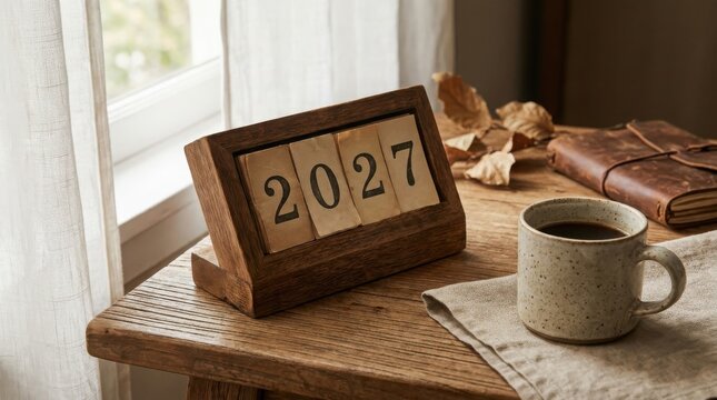 Wooden block calendar displaying the year 2027 on a table