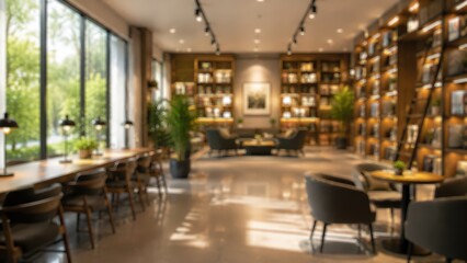 Fototapeta premium Blurred interior view of a quiet library lounge featuring wooden bookshelves and comfortable seating areas. Soft ambient lighting creates a peaceful atmosphere in this public space.