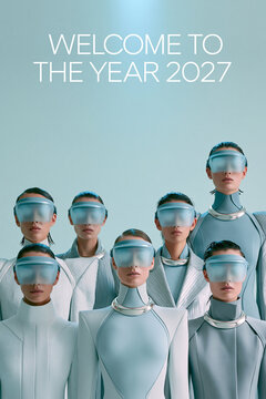 Futuristische Models mit verschwommenen Gesichtern und silbernen Outfits, Text "Welcome to the year 2027", Konzeptbild f&uuml;r Zukunft und Technologie.