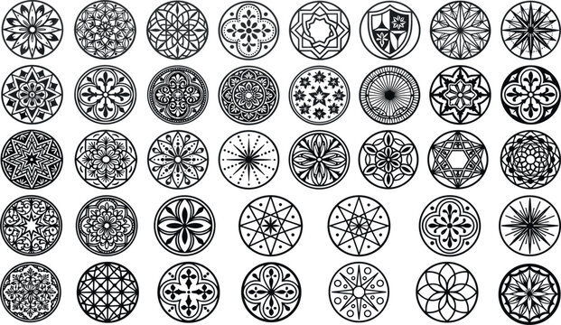 Ornamental Geometric Rosette and Mandala Medallion Vector Icon Set for Laser Cutting and Engraving