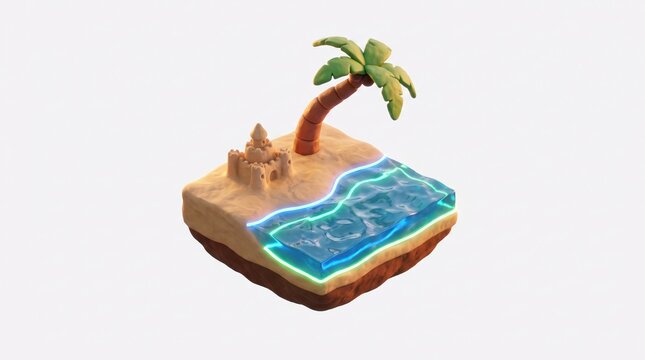 Isometric 3D beach diorama with sand castle and palm tree on a small tropical island micro world